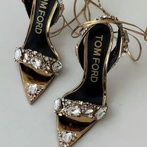 TOM FORD Metallic Crystal Ankle-Tie Sandals